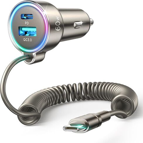 شاحن سيارة USB C 60 وات فائق السرعة PD& QC3.0 مع كابل ملفوف من النوع C بطول 5 أقدام 30 وات، محول شاحن هاتف السيارة لهاتف iPhone 15 Pro Max Plus، Samsung Galaxy S24/S23/S22، Google Pixel/Moto/LG/Android، iPad Pro... in Kuwait