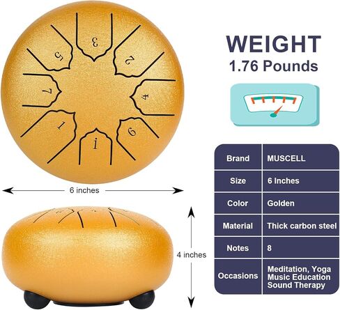 طبلة اللسان الفولاذية من MUSCELL 6 بوصات 8 ملاحظات، طبلة يدوية مع حقيبة، كتاب الموسيقى، أعواد الطبل، حامل مطرقة ومجاديف الأصابع، فولاذ كربوني سميك، صدى مستمر للتأمل أو اليوغا (ذهبي) in Saudi Arabia