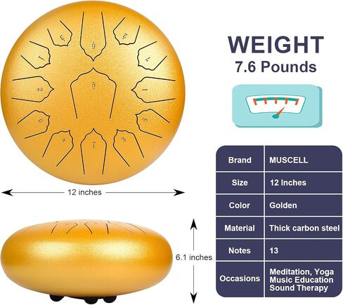 طبلة اللسان الفولاذية من MUSCELL 6 بوصات 8 ملاحظات، طبلة يدوية مع حقيبة، كتاب الموسيقى، أعواد الطبل، حامل مطرقة ومجاديف الأصابع، فولاذ كربوني سميك، صدى مستمر للتأمل أو اليوغا (ذهبي) in Saudi Arabia