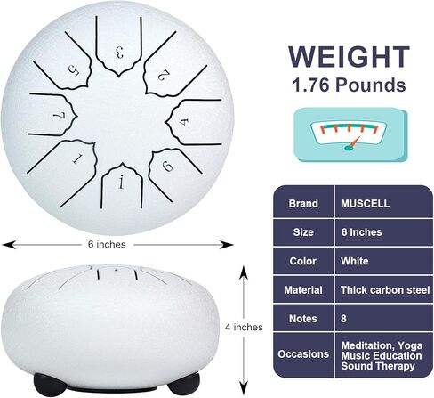 MUSCELL Steel Tongue Drum 6 Inches 8 Notes, Hand Drum with Bag, Music Book, Drumsticks, Mallet Holder and Finger Paddles, Thickened Carbon Steel, Continuous Echo for Meditation or Yoga (Black) in Kuwait