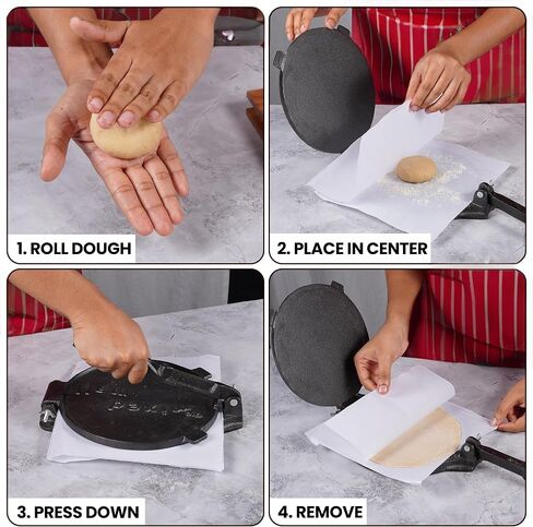 Tortilla Press - Pre-Seasoned Cast Iron Roti Tortilla Maker Machine w/Handle & Pins - Heavy-Duty Commercial Grade Tortillas Press Iron w/Manual - Rust Resistant Cooking Press - 8" x 8" x 3" in Saudi Arabia