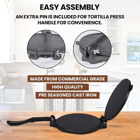 Tortilla Press - Pre-Seasoned Cast Iron Roti Tortilla Maker Machine w/Handle & Pins - Heavy-Duty Commercial Grade Tortillas Press Iron w/Manual - Rust Resistant Cooking Press - 8" x 8" x 3" in Saudi Arabia