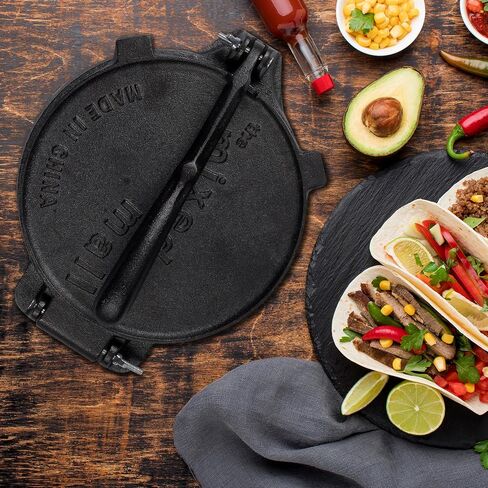 Tortilla Press - Pre-Seasoned Cast Iron Roti Tortilla Maker Machine w/Handle & Pins - Heavy-Duty Commercial Grade Tortillas Press Iron w/Manual - Rust Resistant Cooking Press - 8" x 8" x 3" in Saudi Arabia
