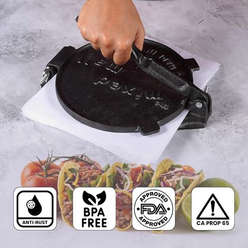 Tortilla Press - Pre-Seasoned Cast Iron Roti Tortilla Maker Machine w/Handle & Pins - Heavy-Duty Commercial Grade Tortillas Press Iron w/Manual - Rust Resistant Cooking Press - 8" x 8" x 3" in Saudi Arabia