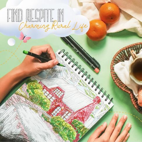 ColorIt الريف: الأكواخ الملونة والخلوات الريفية كتاب تلوين للكبار، 50 رسمًا توضيحيًا لمشاهد الريف، ورق سميك، ورق مثقوب، غطاء صلب مسطح، ورق نشاف الحبر in Kuwait