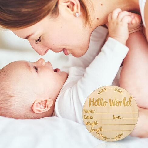 علامة إعلان الطفل Lusofie Hello World مقاس 5.9 بوصة، لافتة إعلان ميلاد مستديرة خشبية لحديثي الولادة مع اسم الطفل وتاريخ الميلاد لاستحمام الطفل في المستشفى in Saudi Arabia