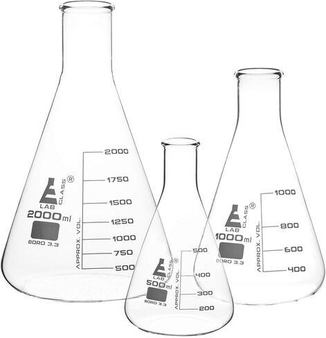 طقم دورق من EISCO Erlenmeyer، 3 قطع - 500 مل، 1000 مل، 2000 مل - زجاج بوروسيليكات - رقبة ضيقة، شكل مخروطي - تخرجات بيضاء in Kuwait