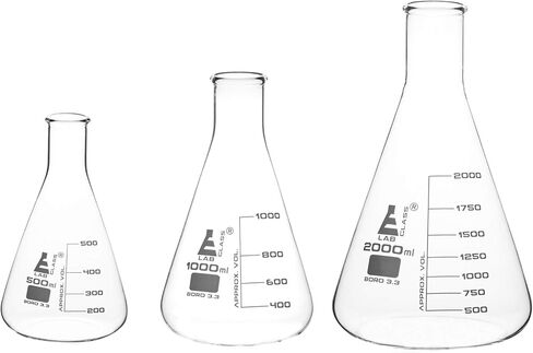 طقم دورق من EISCO Erlenmeyer، 3 قطع - 500 مل، 1000 مل، 2000 مل - زجاج بوروسيليكات - رقبة ضيقة، شكل مخروطي - تخرجات بيضاء in Kuwait