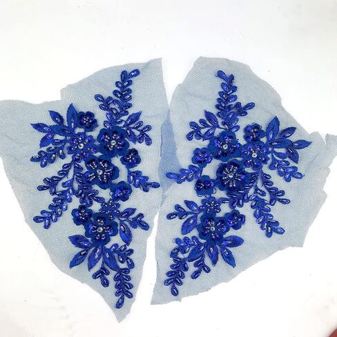 Heyiwell 1 Pair 3D Sequin Beads Flower Embroidery Patches Applique Lace Floral Motif for Wedding Dress Sewing Lace Decor 21x12cm(Royal Blue) in Saudi Arabia