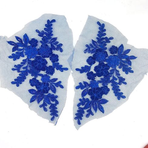 Heyiwell 1 Pair 3D Sequin Beads Flower Embroidery Patches Applique Lace Floral Motif for Wedding Dress Sewing Lace Decor 21x12cm(Royal Blue) in Saudi Arabia