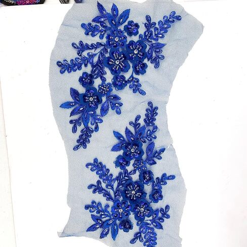 Heyiwell 1 Pair 3D Sequin Beads Flower Embroidery Patches Applique Lace Floral Motif for Wedding Dress Sewing Lace Decor 21x12cm(Royal Blue) in Saudi Arabia