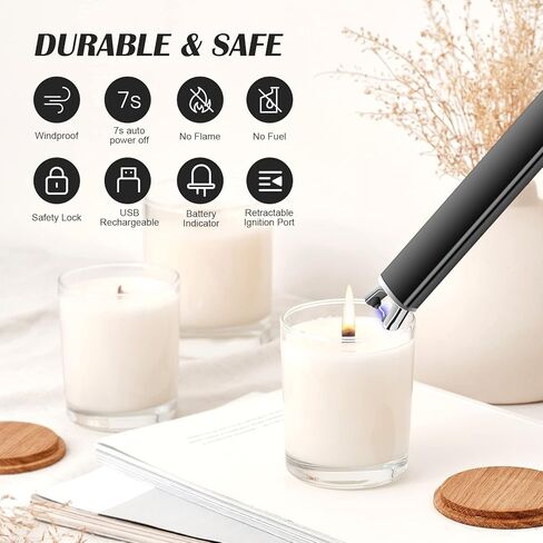 LIHTUN Candle Lighter, Windproof Electric Lighter with LED Battery Display Safety Lock, Flameless Rechargeable Lighter with Built-in USB Cable, Plasma Arc Long Lighter for Candle BBQ Camping Lighters in Kuwait