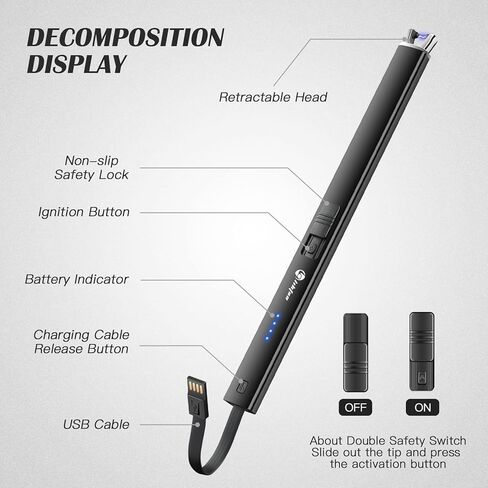 LIHTUN Candle Lighter, Windproof Electric Lighter with LED Battery Display Safety Lock, Flameless Rechargeable Lighter with Built-in USB Cable, Plasma Arc Long Lighter for Candle BBQ Camping Lighters in Kuwait