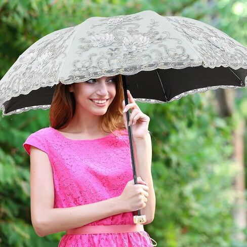 Shinylin 2 قطعة مظلة دانتيل عتيقة ثلاثية الأبعاد مطرزة بالزهور مظلة مقاومة للشمس UPF50+ مظلة قابلة للطي لحفلات الزفاف والتقاط الصور، رمادي وأصفر مشمش in Kuwait