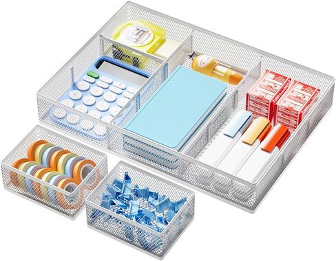 Marbrasse 3 Pack Desk Drawer Organizers, Metal Mesh Dividers with 9 Adjustable Compartments, Pen Organizer for Desktop, Kitchen, Makeup in Kuwait
