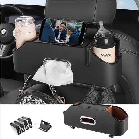 Backseat Car Organizer with 2 Drink Cup Holder - Tissue Holder - Car Seat Hooks for Headrest - Multi-Functional Storage for Travel - Perfect for Kids, Adults(Black) in Saudi Arabia