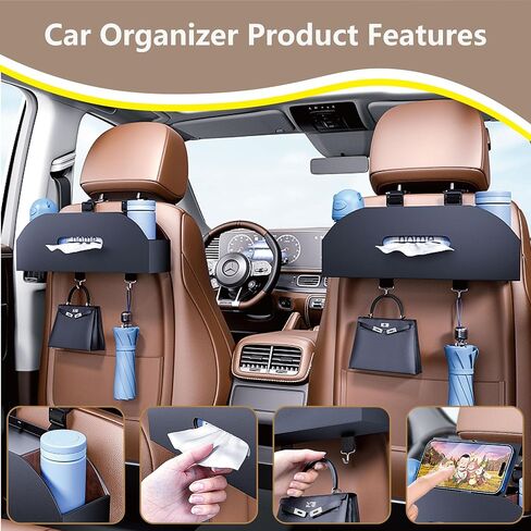 Backseat Car Organizer with 2 Drink Cup Holder - Tissue Holder - Car Seat Hooks for Headrest - Multi-Functional Storage for Travel - Perfect for Kids, Adults(Black) in Saudi Arabia