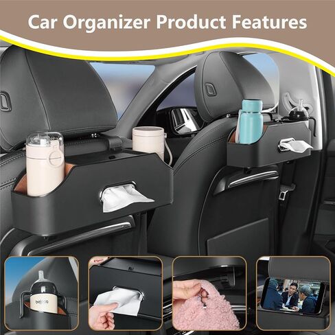Backseat Car Organizer with 2 Drink Cup Holder - Tissue Holder - Car Seat Hooks for Headrest - Multi-Functional Storage for Travel - Perfect for Kids, Adults(Black) in Saudi Arabia
