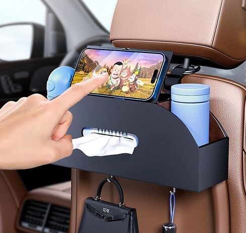 Backseat Car Organizer with 2 Drink Cup Holder - Tissue Holder - Car Seat Hooks for Headrest - Multi-Functional Storage for Travel - Perfect for Kids, Adults(Black) in Saudi Arabia