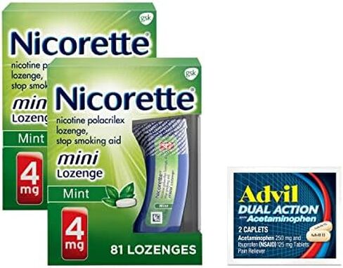 Nicorette 4 mg Mini Nicotine Lozenges to Help Stop Smoking - Mint Flavored Stop Smoking Aid, 2-Pack, 81 Count, Plus Advil Dual Action Coated Caplets with Acetaminophen, 2 Count in Kuwait