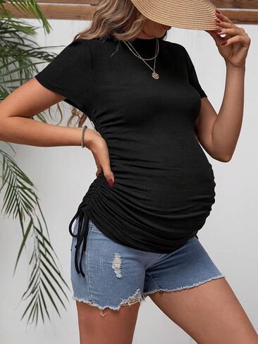 Verdusa Women's Maternity Shirts Drawstring Short Sleeve Pregnancy Ruched Tee Tops in Saudi Arabia