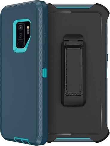 حافظة لهاتف سامسونج جالاكسي S9 بلس مع حافظة بمشبك حزام، واقي شاشة 2X، حماية من الدرجة العسكرية، غطاء واقٍ متين مقاوم للصدمات لكامل الجسم لهاتف سامسونج جالاكسي S9+ بلس (أسود) in Kuwait