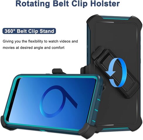 حافظة لهاتف سامسونج جالاكسي S9 بلس مع حافظة بمشبك حزام، واقي شاشة 2X، حماية من الدرجة العسكرية، غطاء واقٍ متين مقاوم للصدمات لكامل الجسم لهاتف سامسونج جالاكسي S9+ بلس (أسود) in Kuwait