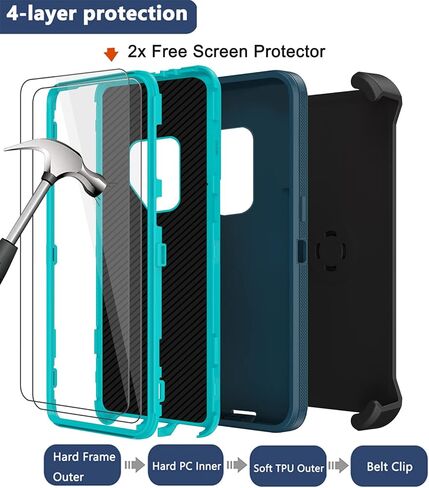 حافظة لهاتف سامسونج جالاكسي S9 بلس مع حافظة بمشبك حزام، واقي شاشة 2X، حماية من الدرجة العسكرية، غطاء واقٍ متين مقاوم للصدمات لكامل الجسم لهاتف سامسونج جالاكسي S9+ بلس (أسود) in Kuwait