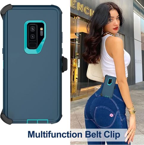 حافظة لهاتف سامسونج جالاكسي S9 بلس مع حافظة بمشبك حزام، واقي شاشة 2X، حماية من الدرجة العسكرية، غطاء واقٍ متين مقاوم للصدمات لكامل الجسم لهاتف سامسونج جالاكسي S9+ بلس (أسود) in Kuwait