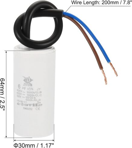 مكثف تشغيل PATIKIL CBB60 6 فائق التوهج، 2 قطعة تيار متردد 450 فولت 2 سلك 50/60 هرتز اسطوانة 64 × 30 مم لمضخات المياه، تشغيل محرك الغسالات in Kuwait