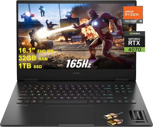 HP Omen 16 Gaming Laptop 16.1" FHD IPS 165Hz 100% sRGB AMD Zen4 Octa-core Ryzen 9 7940HS (Beats i9-12900H) 32GB RAM 4TB SSD GeForce RTX 4070 8GB Graphic RGB Backlit USB-C B&O Win11 Black + HDMI Cable in Saudi Arabia