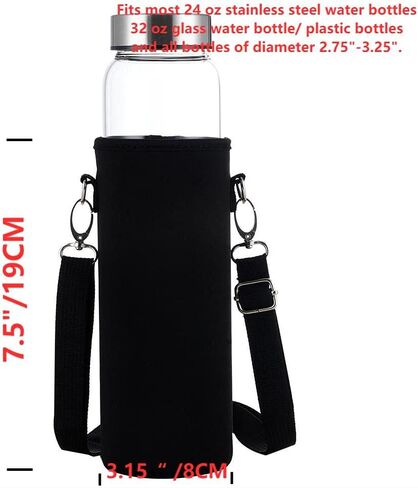 حقيبة حامل زجاجات المياه من سانكي، معزولة من النيوبرين 32 أونصة، غطاء حامل لزجاجة المياه مع حزام كتف قابل للتعديل مع مشبك معدني، عبوتان باللون الأسود (24-32 أونصة) in Kuwait
