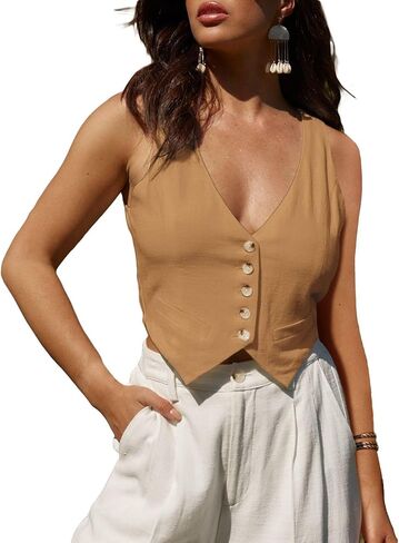 Mina Self Summer Linen Vest Women 2024 Sleeveless Lightweight V Neck Cropped Casual Office Corset Top Blazer Jacket Suit in Kuwait