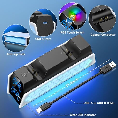 محطة شحن وحدة التحكم متوافقة مع بلاي ستيشن 5 إيدج ووحدة التحكم المزدوجة، محطة شحن وحدة التحكم PS5 مع ضوء RGB ومؤشر LED، حامل شاحن عن بعد PS5 مع كابل USB-C in Kuwait