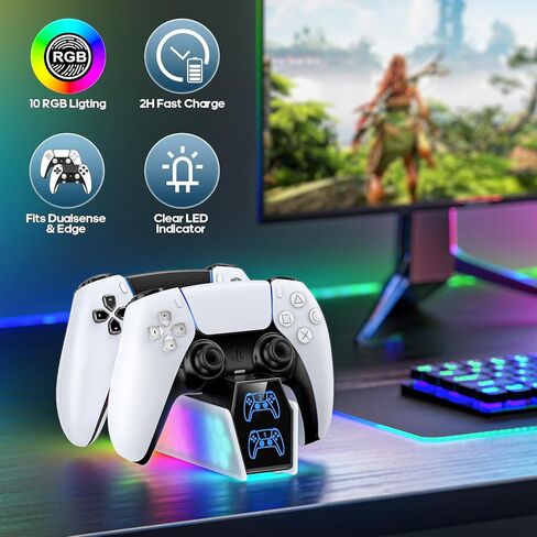 محطة شحن وحدة التحكم متوافقة مع بلاي ستيشن 5 إيدج ووحدة التحكم المزدوجة، محطة شحن وحدة التحكم PS5 مع ضوء RGB ومؤشر LED، حامل شاحن عن بعد PS5 مع كابل USB-C in Kuwait