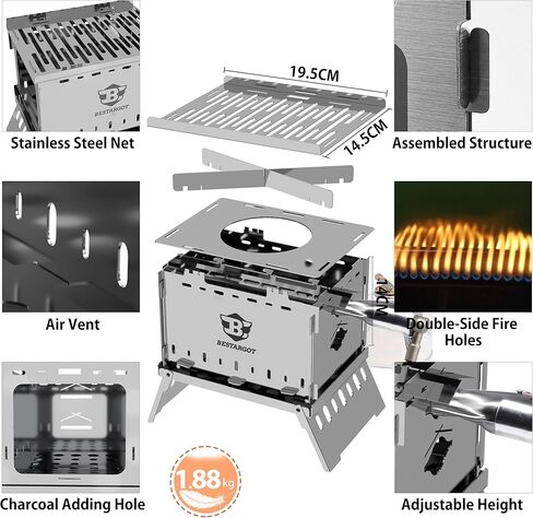 Bestargot wood stove portable hobo stove with a pipe burner, camp grill, foldable and windproof backpack stainless steel with a carrying bag, for solo camping, backpack trips, hiking, picnic, bbq in Kuwait