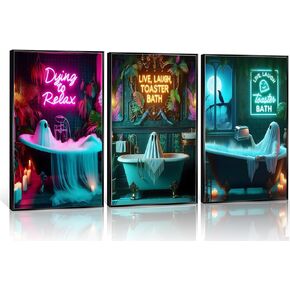 3 Pcs Halloween Ghost Neon Bathroom Canvas Wall Art Neon Sign Dying To Relax Wall Decor Pictures Funny Gothic Ghost Toaster Posters Prints for Restroom Dark Humor indie room Home Decortion Unframed in Saudi Arabia