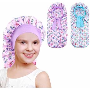2pcs فتيات يونيكورن الشعر بونيه للنوم ، غطاء ساتان طويل إضافي مع شريط ربطة عنق مرنة للأطفال ضفائر مجعد الشعر in Kuwait