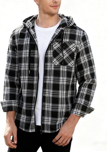 ZITY Men's Cotton Linen Zip up Hoodies Long Sleeve Casual Tops Plaid Flannel Shirt with Hood in Saudi Arabia