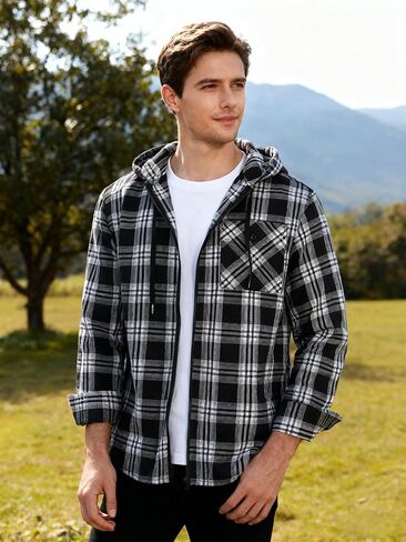 ZITY Men's Cotton Linen Zip up Hoodies Long Sleeve Casual Tops Plaid Flannel Shirt with Hood in Saudi Arabia