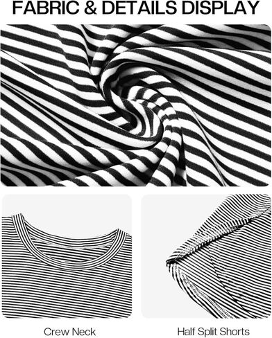 JUSTFASHIONNOW Womens Pajama Sets Shorts Striped Print Two Piece Lounge Sets Crew Neck Sleepwear Split Shorts Set Soft Pjs in Kuwait