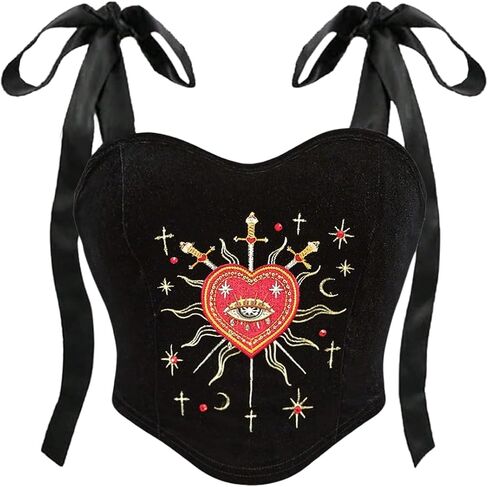 SHENHE Women's Plus Size Y2k Gothic Velvet Corset Bustier Embroidered Tie Shoulder Crop Cami Tank in Saudi Arabia