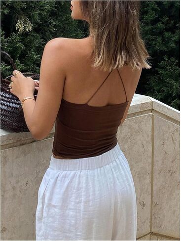 Women's Beaded Halter Tops Crisscross Backless Sleeveless Crop Camisole Top in Saudi Arabia