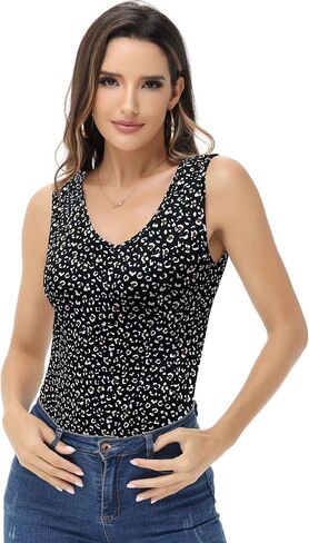 Anna-Kaci Women's Leopard Print Tank Top V Neck Sleeveless Vest Pleated Shirt in Saudi Arabia