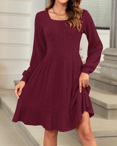 AUSELILY Womens Fall Dress 2025 Square Neck Long Sleeve Dresses Casual A Line Knit Sweater Dress with Pockets in Saudi Arabia