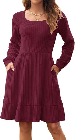 AUSELILY Womens Fall Dress 2025 Square Neck Long Sleeve Dresses Casual A Line Knit Sweater Dress with Pockets in Saudi Arabia