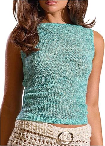 SHENHE Women's Summer Knit Tank Top Boat Neck Slim Fit Sleeveless Y2k Going Out Crop Top Tanks in Saudi Arabia