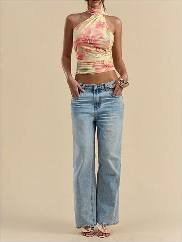 OYOANGLE Women's Floral Print One Shoulder Sleeveless Halter Top Y2K Ruched Fitted Going Out Tops in Saudi Arabia