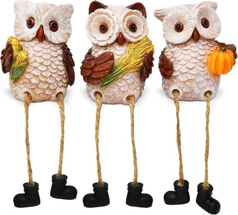 Gift Boutique Thanksgiving Owl Figurines Set of 3 Fall Shelf Sitters Dangling Legs Wheat Pumpkin Corn Autumn Harvest Sculpture Kitchen Tabletop Decor in Saudi Arabia