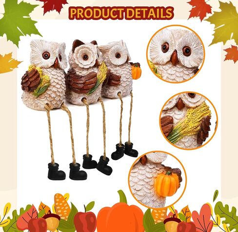 Gift Boutique Thanksgiving Owl Figurines Set of 3 Fall Shelf Sitters Dangling Legs Wheat Pumpkin Corn Autumn Harvest Sculpture Kitchen Tabletop Decor in Saudi Arabia
